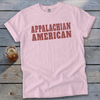 Pink t-shirt with "APPALACHIAN AMERICAN" in distressed red text.