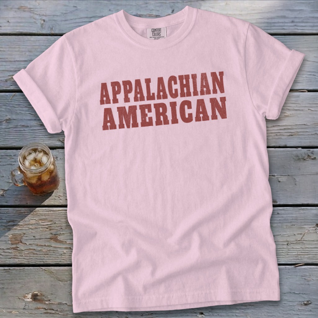 Pink t-shirt with "APPALACHIAN AMERICAN" in distressed red text.