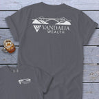 Gray t-shirt with white logo featuring a bridge, mountains, and "Vandalia Wealth" text.