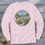 Georgia text graphic with a scenic mountain river and deer in a circle.
