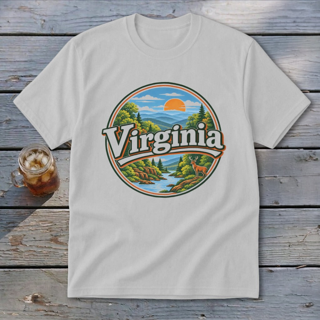 White t-shirt with a circular graphic featuring "Virginia" and a scenic landscape.
