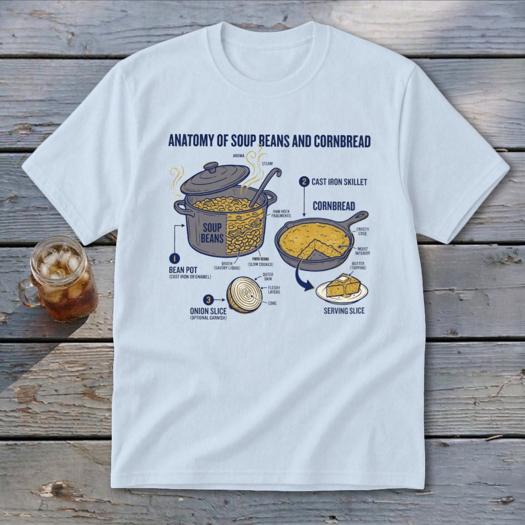 T-shirt with "Anatomy of Soup Beans and Cornbread" graphic.