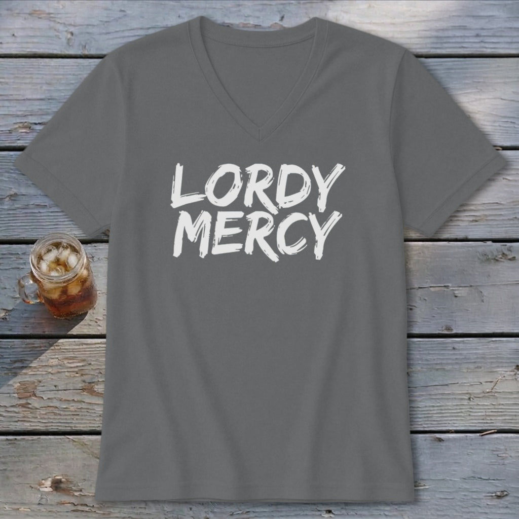 Gray V-neck t-shirt with white "LORDY MERCY" text and a glass of iced tea.
