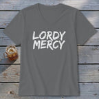 Gray V-neck t-shirt with white "LORDY MERCY" text and a glass of iced tea.