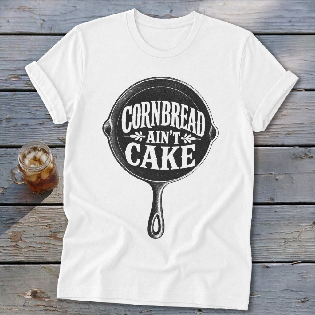 White t-shirt with a black graphic of a cast iron skillet reading "Cornbread Ain't Cake".