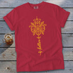 Red t-shirt with yellow floral design and "holler" text.