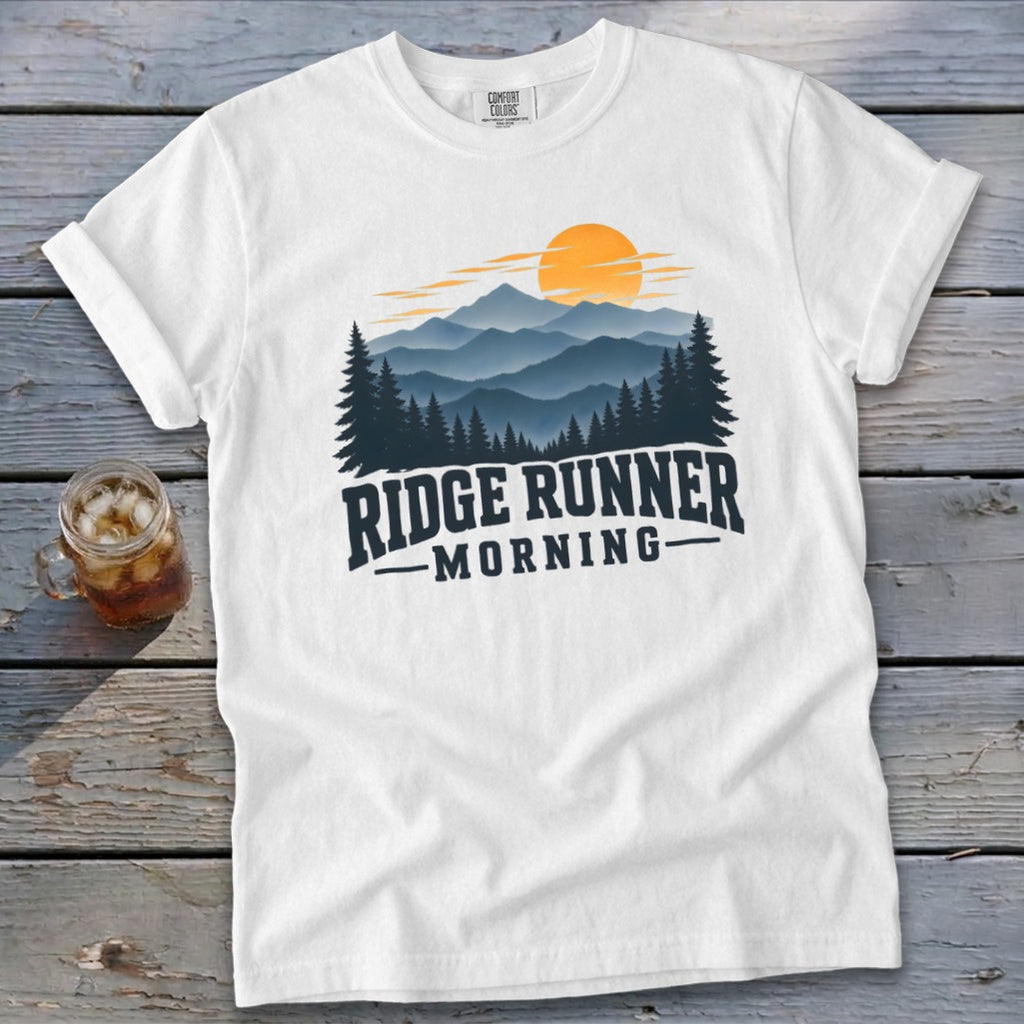 White t-shirt with mountain sunset graphic and text "RIDGE RUNNER MORNING".
