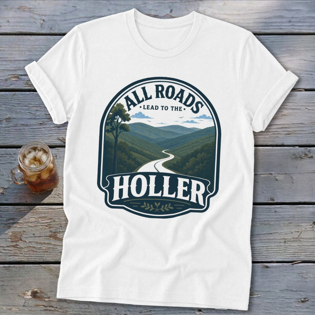 White t-shirt with "All Roads Lead to the Holler" graphic of a winding road through mountains.