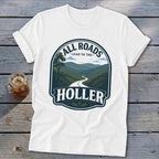 White t-shirt with "All Roads Lead to the Holler" graphic of a winding road through mountains.