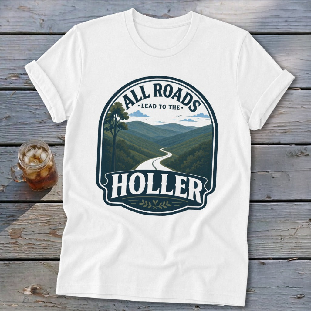 White t-shirt with "All Roads Lead to the Holler" graphic of a winding road through mountains.