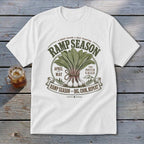 White t-shirt with "Ramp Season" graphic featuring ramps, text, and mountains.