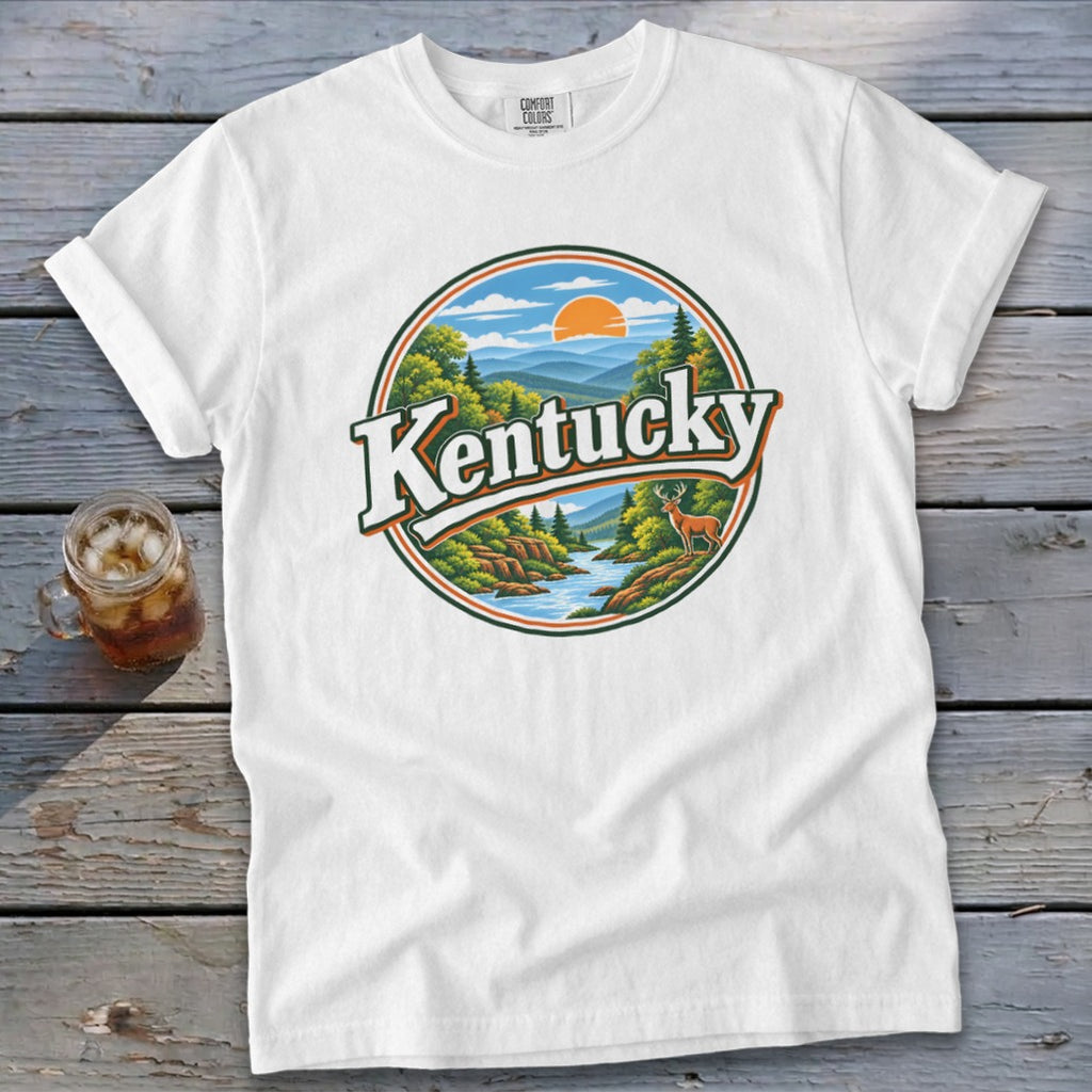 White t-shirt with circular Kentucky landscape graphic and deer.