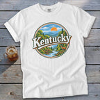 White t-shirt with circular Kentucky landscape graphic and deer.