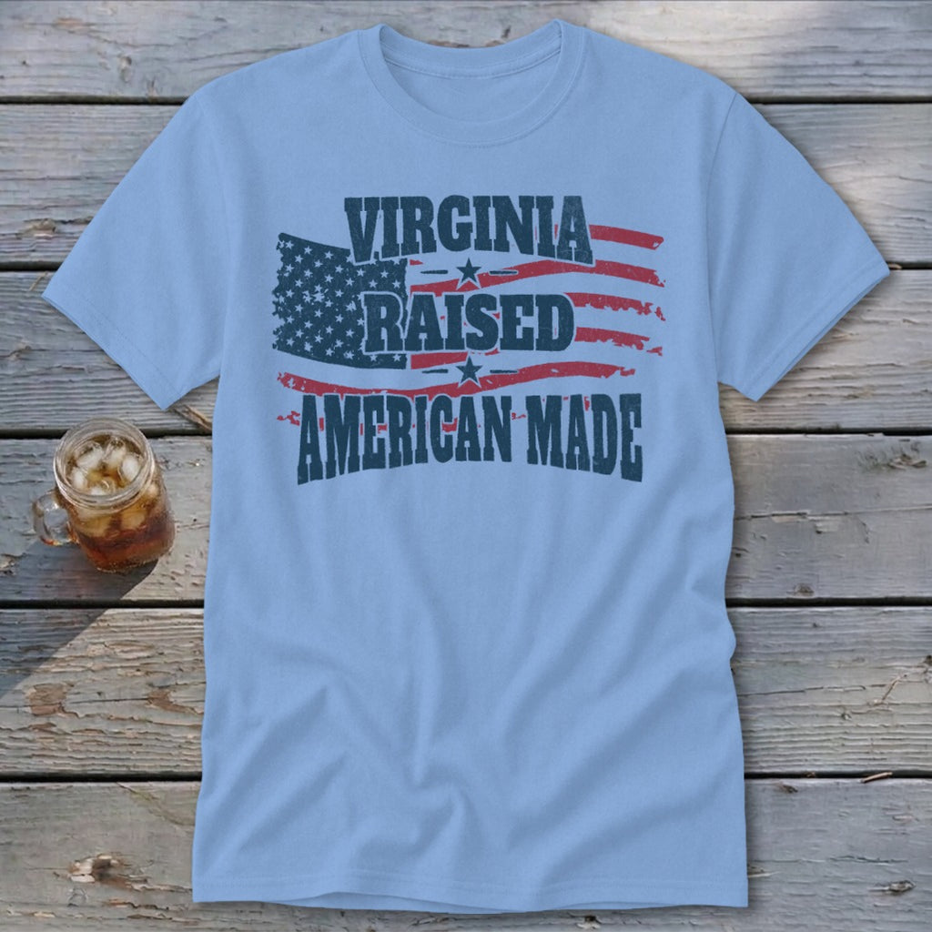 Light blue t-shirt with American flag design and text: VIRGINIA RAISED AMERICAN MADE