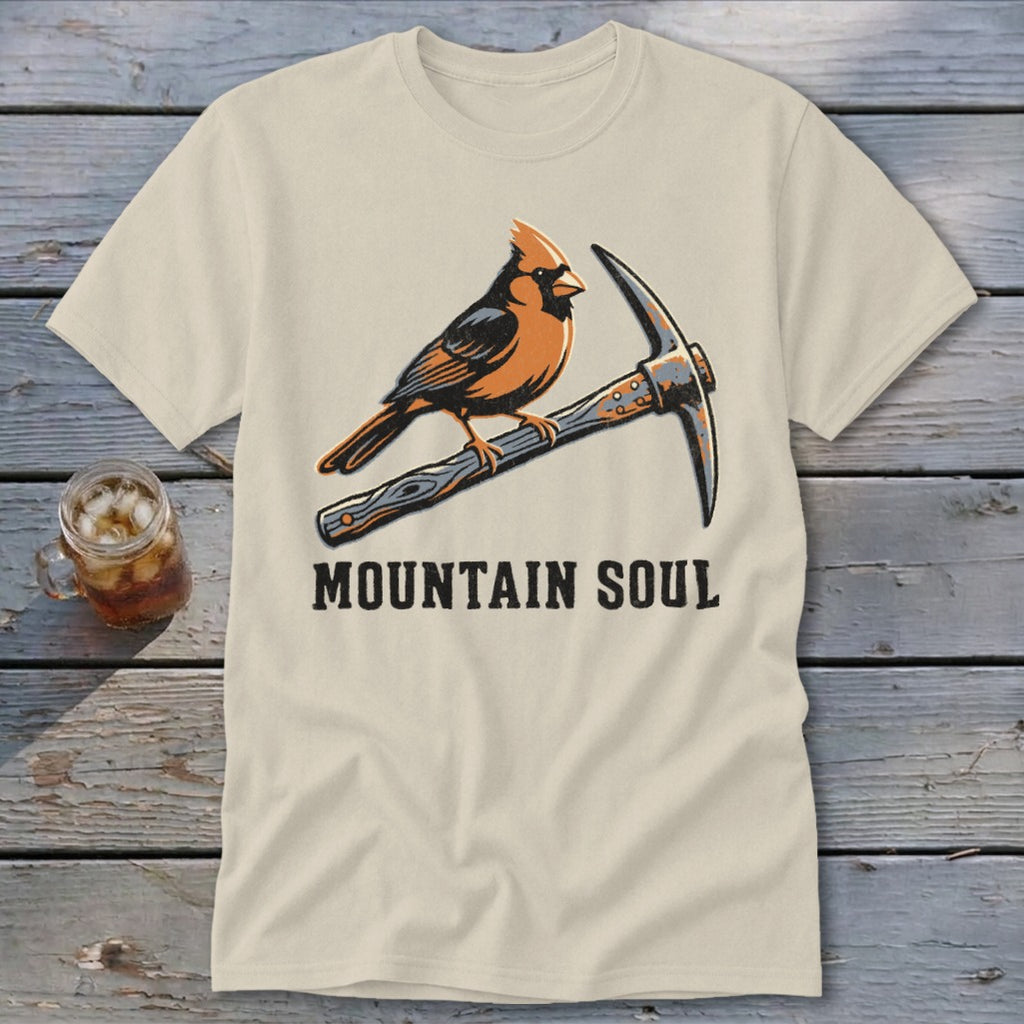 Cardinal bird perched on a pickaxe with "Mountain Soul" text.
