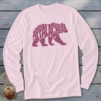 Light pink long-sleeve t-shirt with a maroon bear graphic containing the text Appalachia.