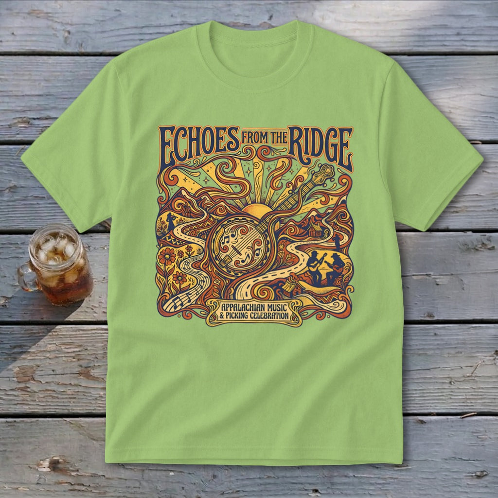 Light green t-shirt featuring "Echoes from the Ridge" with Appalachian music and picking celebration design.