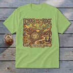 Light green t-shirt featuring "Echoes from the Ridge" with Appalachian music and picking celebration design.