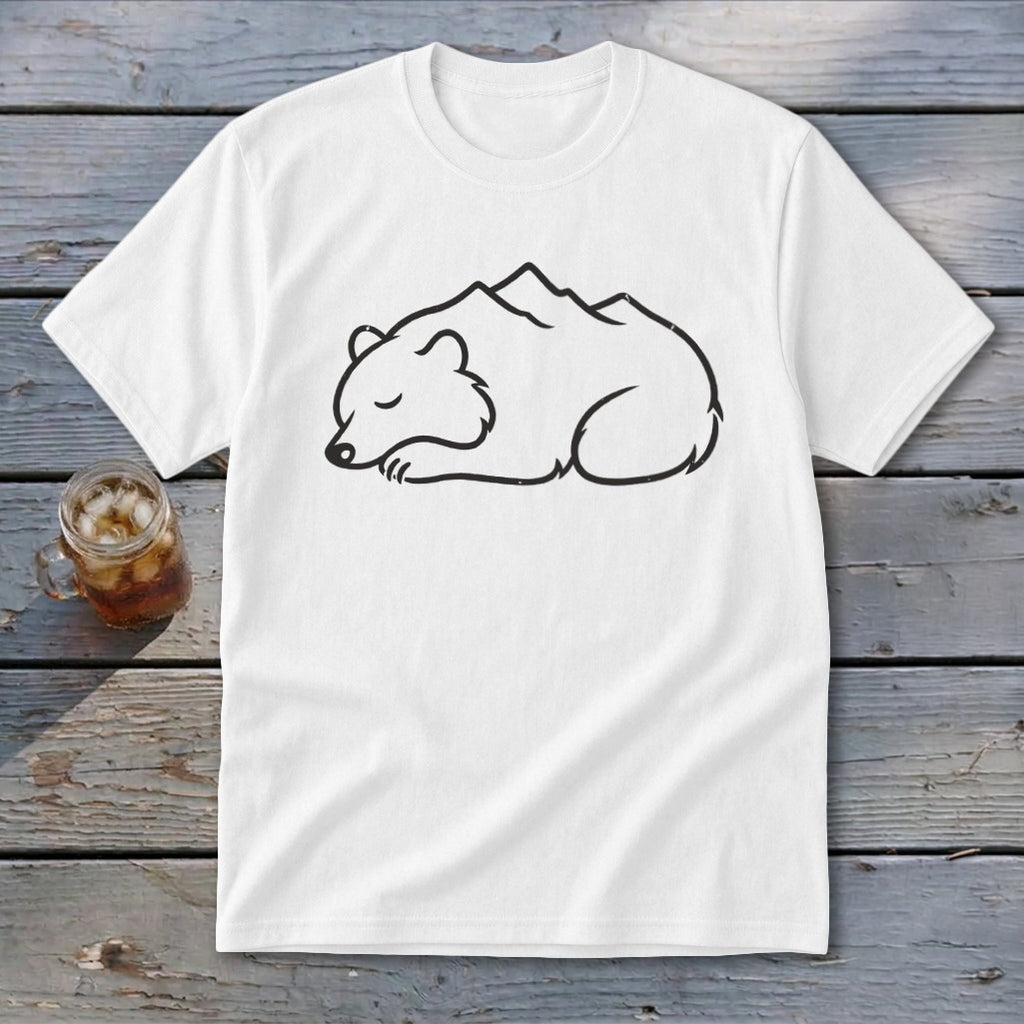 White t-shirt with a black line drawing of a sleeping bear with mountains on its back.