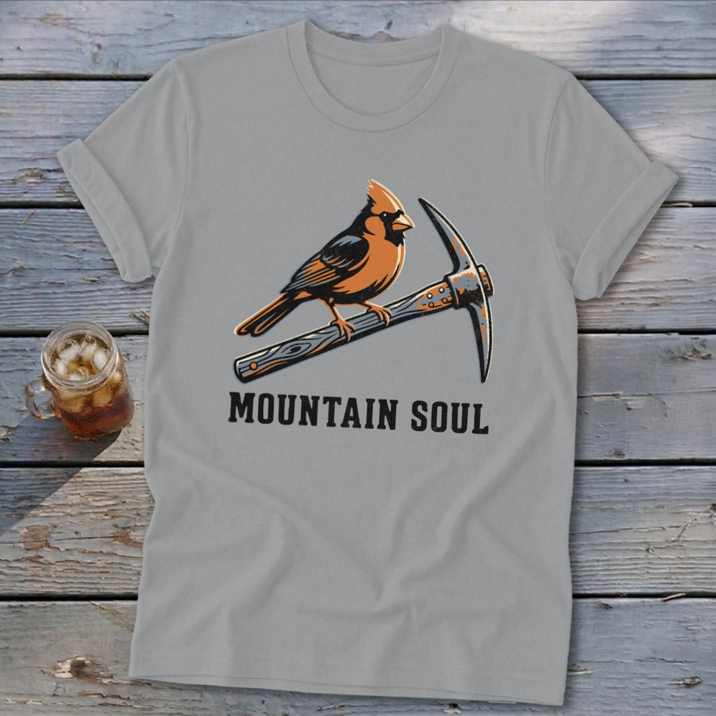 Gray t-shirt with cardinal perched on a pickaxe, text "MOUNTAIN SOUL".