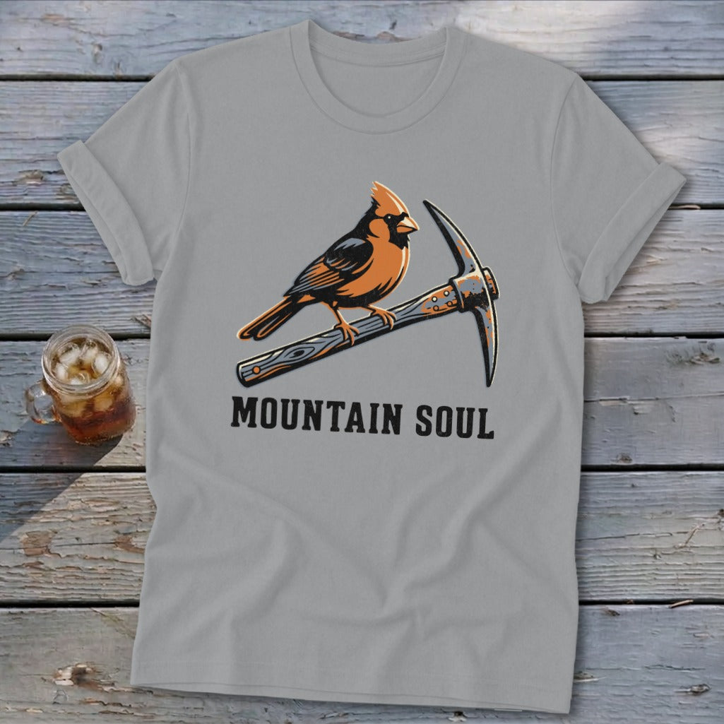 Gray t-shirt with cardinal perched on a pickaxe, text "MOUNTAIN SOUL".