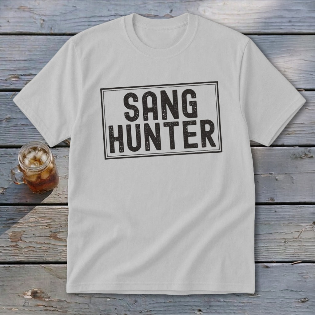 White t-shirt with "SANG HUNTER" printed in black inside a rectangle.