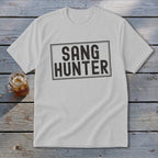 White t-shirt with "SANG HUNTER" printed in black inside a rectangle.