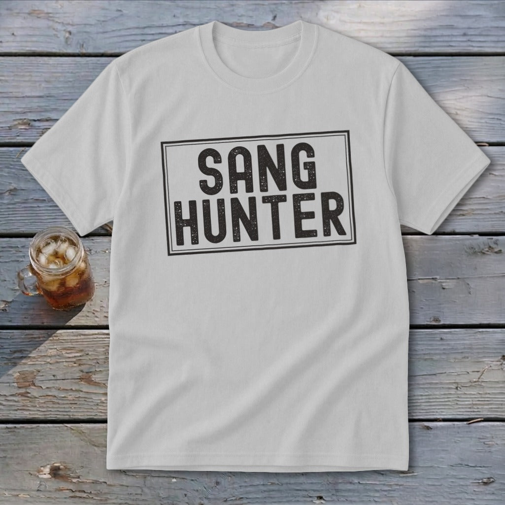 White t-shirt with "SANG HUNTER" printed in black inside a rectangle.