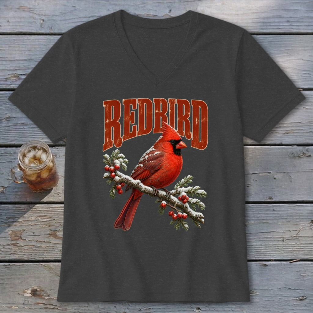 Dark gray V-neck t-shirt featuring a red cardinal graphic and the text REDBIRD.