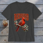 Dark gray V-neck t-shirt featuring a red cardinal graphic and the text REDBIRD.