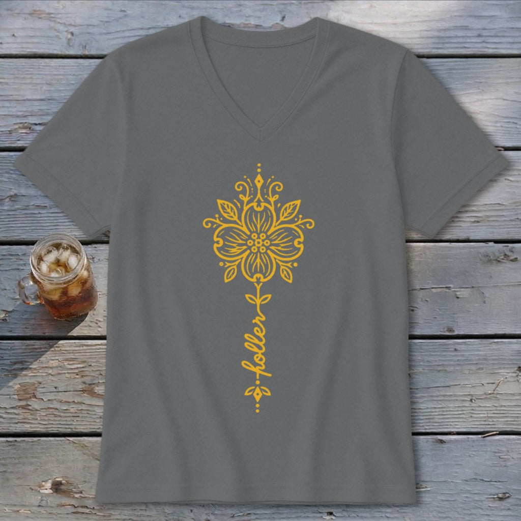 Gray v-neck t-shirt with yellow floral design and "holler" text.