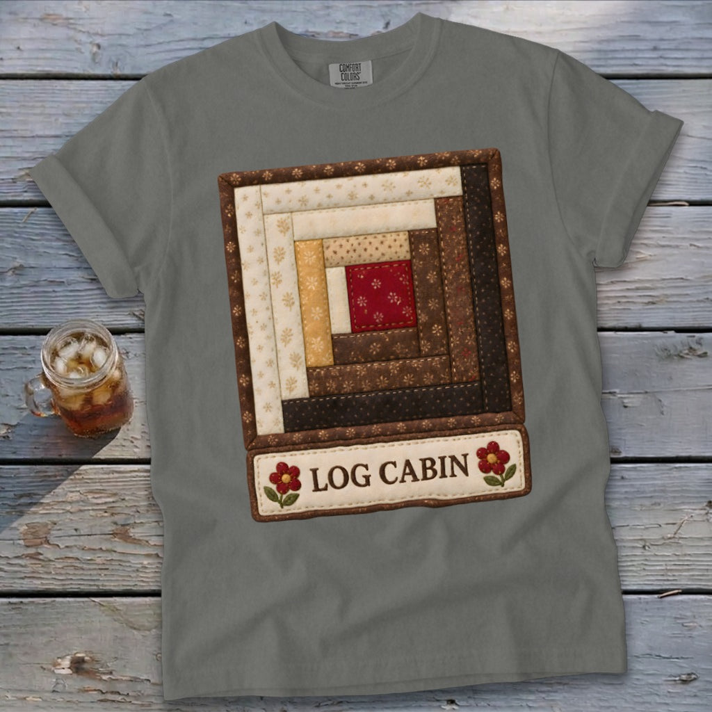 Gray t-shirt with a log cabin quilt design and the words "LOG CABIN".