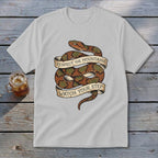 White t-shirt with coiled snake graphic and banner text "Respect the Mountains Watch Your Step".
