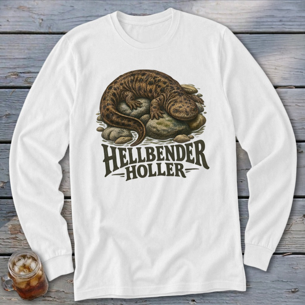 White long-sleeve shirt with a hellbender salamander graphic and "Hellbender Holler" text.