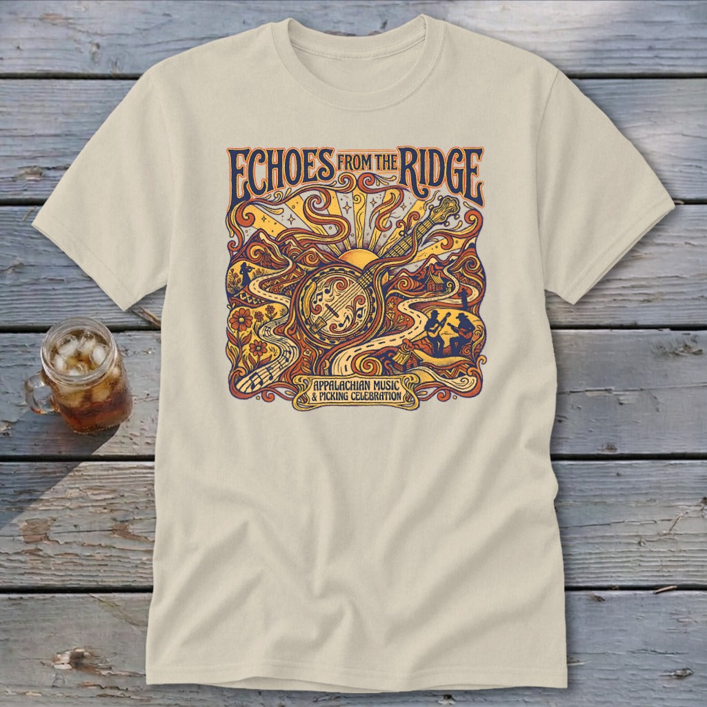T-shirt with "Echoes From The Ridge" text and Appalachian music festival artwork.