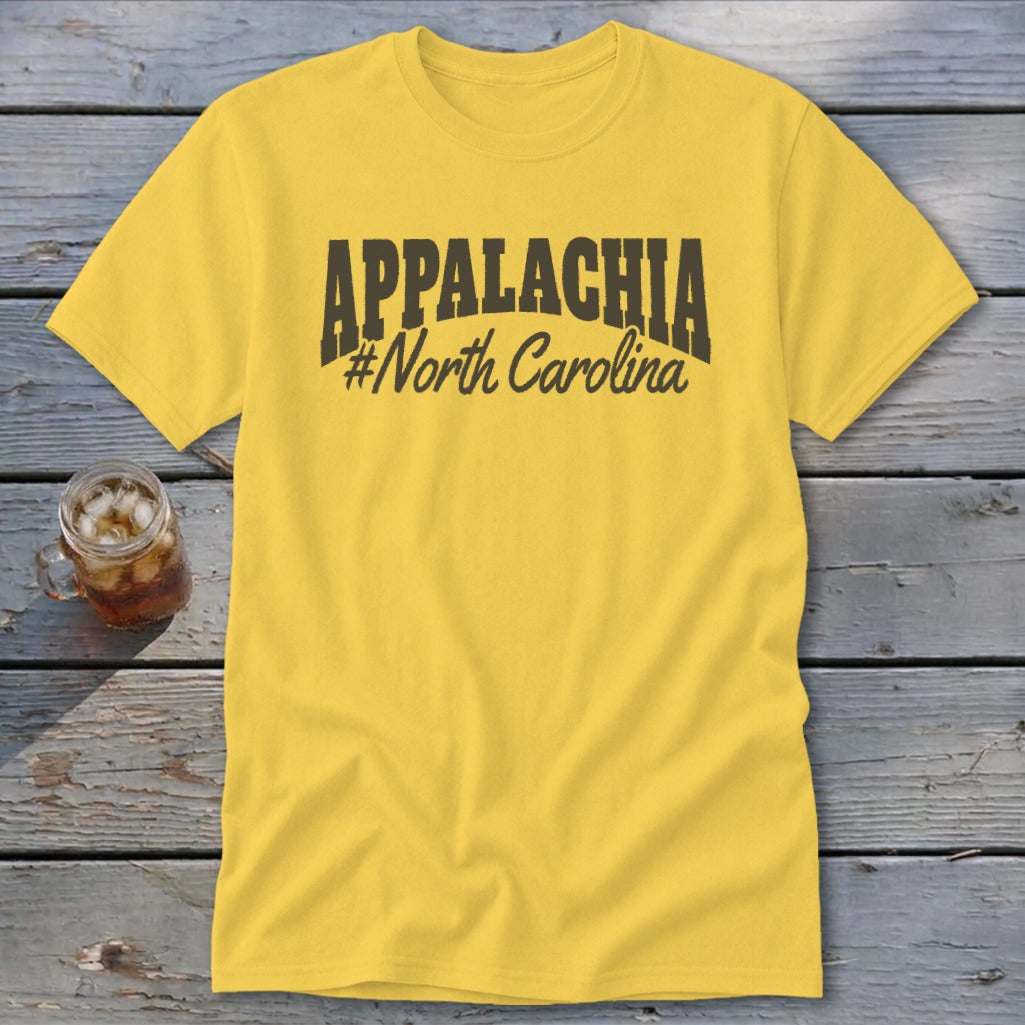 Yellow t-shirt with black text "#Appalachia #North Carolina".