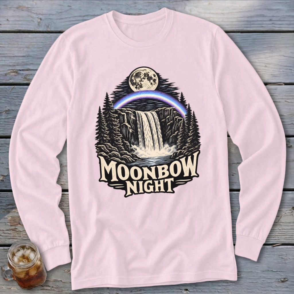 Pink long-sleeve shirt with "Moonbow Night" text, waterfall, moon, and rainbow graphic.