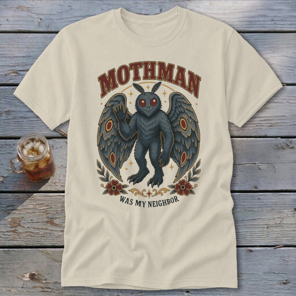 Cream t-shirt with Mothman illustration and "Mothman Was My Neighbor" text.