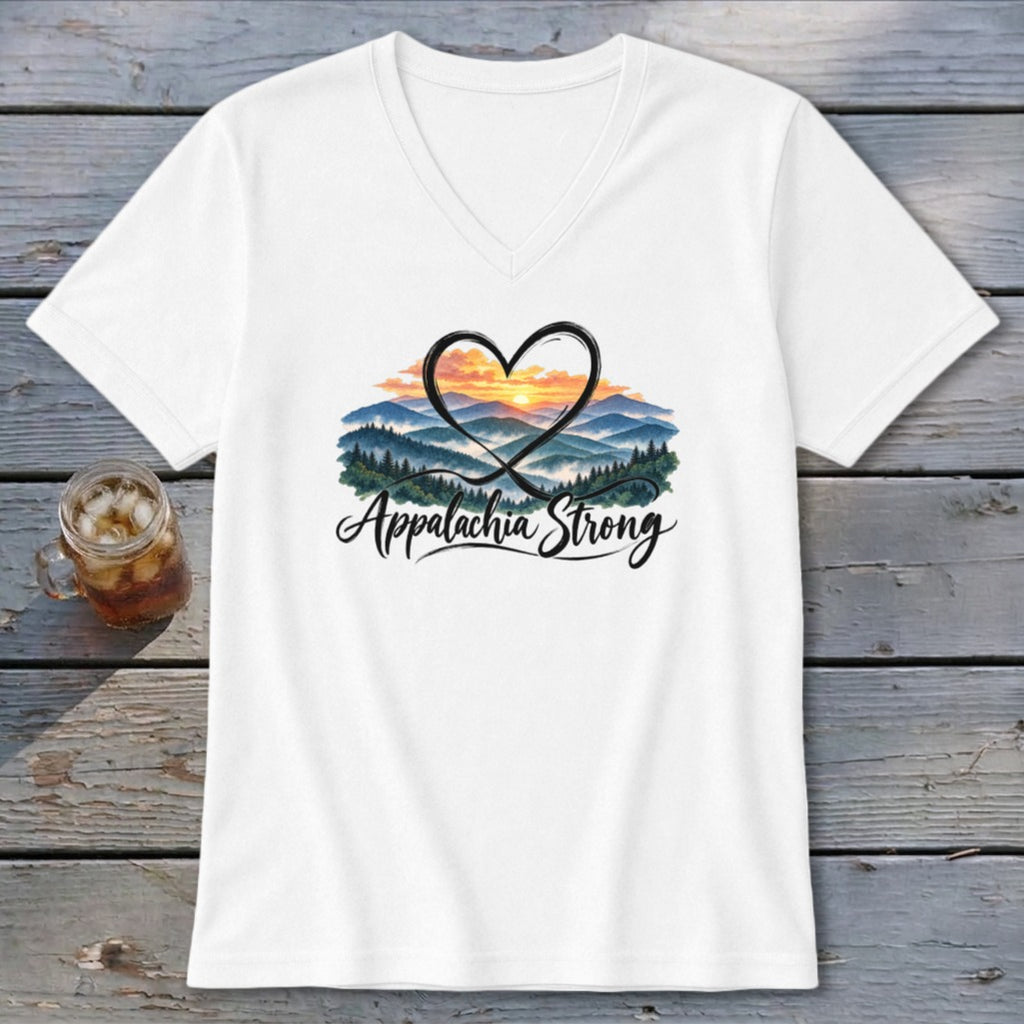 White v-neck t-shirt with "Appalachia Strong" text and a heart framing a mountain sunset.