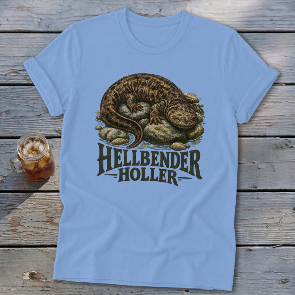 Light blue t-shirt with a Hellbender salamander illustration and "Hellbender Holler" text.
