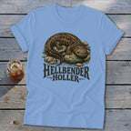 Light blue t-shirt with a Hellbender salamander illustration and "Hellbender Holler" text.