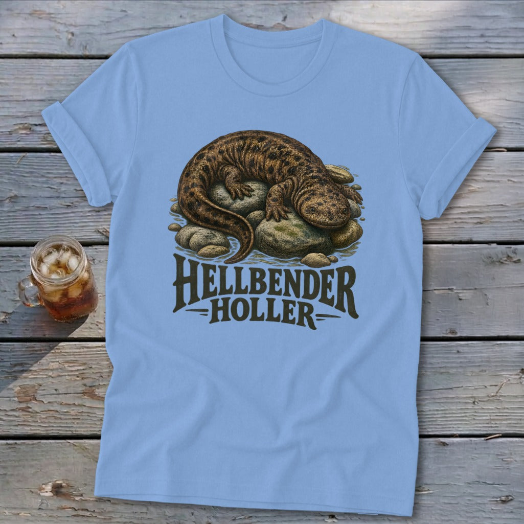 Light blue t-shirt with a Hellbender salamander illustration and "Hellbender Holler" text.