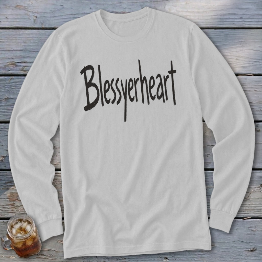 White long-sleeve t-shirt with black handwritten text "Blessyerheart" on chest.