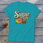 Turquoise t-shirt featuring a retro graphic with the text Sugar, cornbread with a red X, and iced tea with a green checkmark.