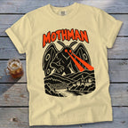 Cream t-shirt with black and red Mothman graphic featuring red laser eyes.