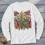 White long-sleeve shirt with a colorful floral arrangement on the chest.