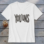 White V-neck t-shirt with "YOU'UNS" in dark gray text.