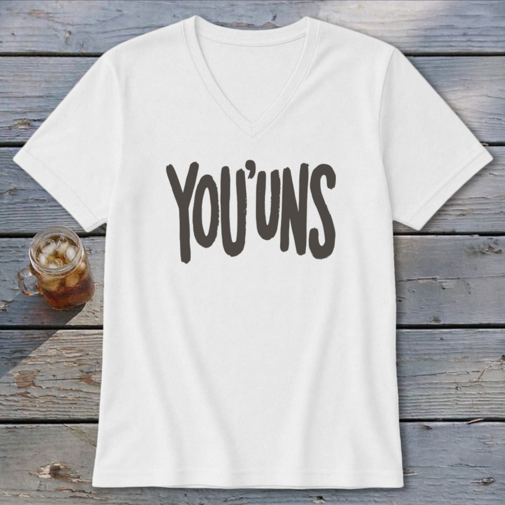 White V-neck t-shirt with "YOU'UNS" in dark gray text.