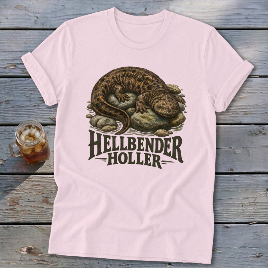 Pink t-shirt with a hellbender illustration and "Hellbender Holler" text.