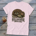 Pink t-shirt with a hellbender illustration and "Hellbender Holler" text.